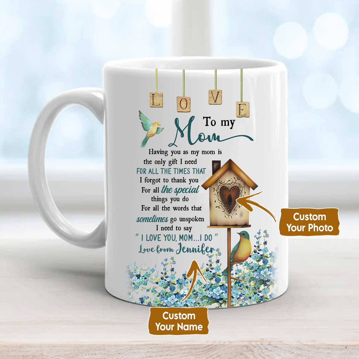 Gift For Mom Personalized Mug – Daughter to mom, Vintage birdhouse, Colorful bird Mug – Custom Gift For Mother’s Day, Presents for Mom- I love you Mug